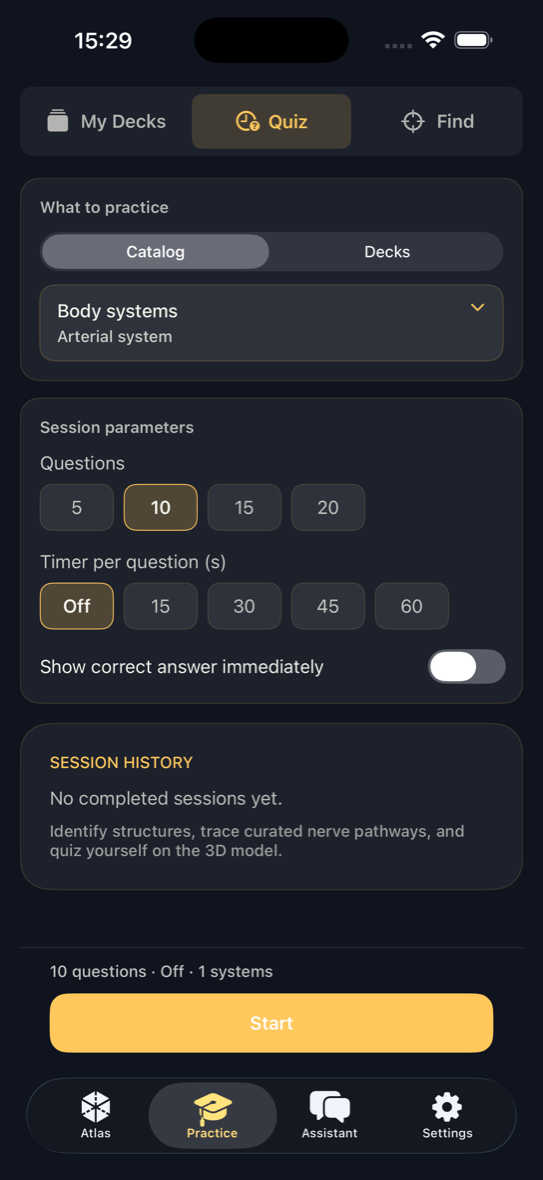 iPhone Practice quiz setup with body systems and session parameters