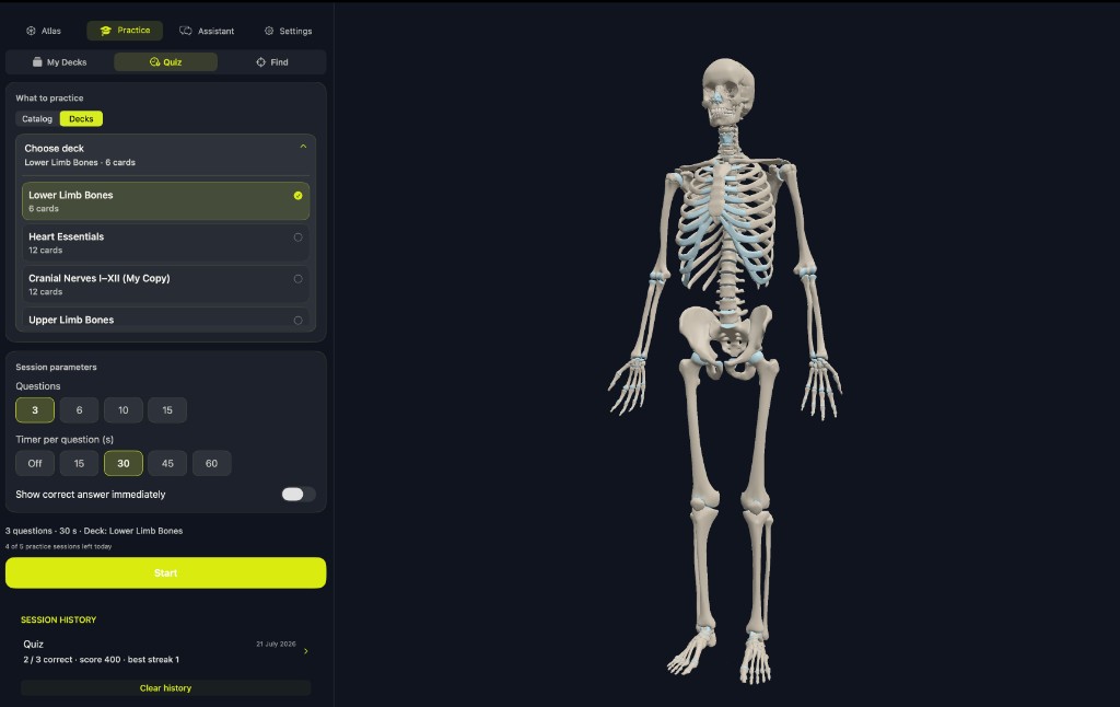 Mac: Practice quiz setup with decks list and full skeleton in the viewport